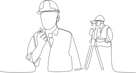 Close up of young Caucasian smiling worker with helmet on head using tablet for work while standing in warehouse. Vector illustration