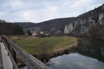 Danube near ThiergartenBeuron with basilica; Germany; Baden Wuerttemberg