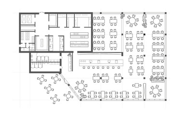 Linear technical sketch restaurant with bar and kitchen zone plan on white background