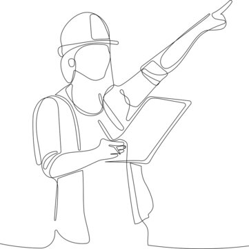 recommend clip art: Close up of young Caucasian smiling worker with helmet on head using tablet for work while standing in warehouse. Vector illustration