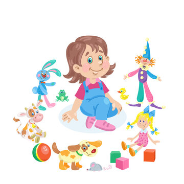 Cute little girl is sitting surrounded by her favorite toys. In cartoon style. Isolated on white background. Vector flat illustration.