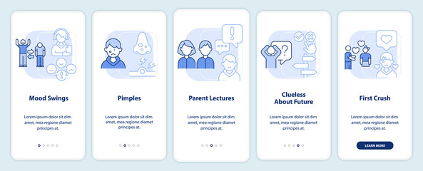 Challenges in adolescence light blue onboarding mobile app screen. Walkthrough 5 steps editable graphic instructions with linear concepts. UI, UX, GUI template. Myriad Pro-Bold, Regular fonts used