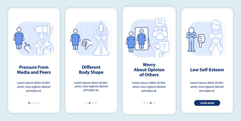 Body image perception in teen light blue onboarding mobile app screen. Walkthrough 4 steps editable graphic instructions with linear concepts. UI, UX, GUI template. Myriad Pro-Bold, Regular fonts used