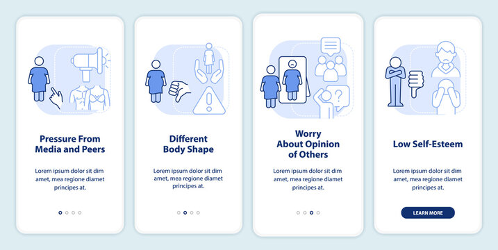 Body image perception in teen light blue onboarding mobile app screen. Walkthrough 4 steps editable graphic instructions with linear concepts. UI, UX, GUI template. Myriad Pro-Bold, Regular fonts used