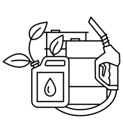 Pump nozzle with growing green leaf, oil barrel and fuel canister in outline. Ecological biofuel concept. Eco friendly industry, alternative energy symbol