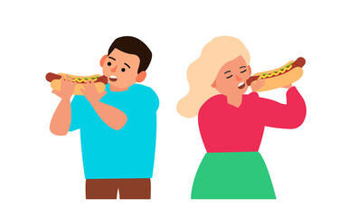 boy and girl eating delicious hot dogs  vector illustration