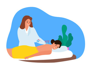 lying woman getting acupuncture treatment in back doctor  therapist vector illustration