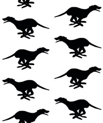 Vector seamless pattern of hand drawn doodle sketch running whippet dog silhouette isolated on white background