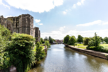 Fototapeta na wymiar Medieval Gothic castle in Newark on Trent, near Nottingham, Nottinghamshire, England, UK. view with Trent River in summer