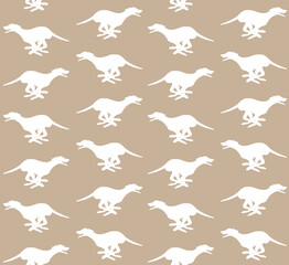 Vector seamless pattern of hand drawn doodle sketch running whippet dog silhouette isolated on beige background