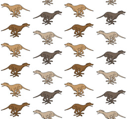 Vector seamless pattern of hand drawn doodle sketch different running whippet dog isolated on white background