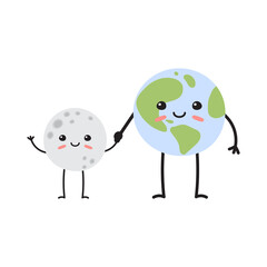 Vector hand drawn flat moon and Earth planet with faces holding hands  isolated on white background