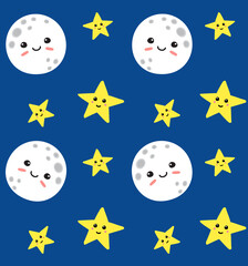 Vector seamless pattern of flat hand drawn moon and stars with face isolated on blue background