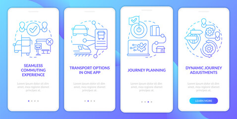 MaaS perks blue gradient onboarding mobile app screen. Mobility services walkthrough 4 steps graphic instructions with linear concepts. UI, UX, GUI template. Myriad Pro-Bold, Regular fonts used
