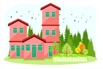 Simple house. Suburban residence. Illustration of housing on the background of pine trees and seagulls