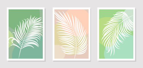 Fototapeta na wymiar Set of posters or paintings with elements of tropical palm leaves and abstract shapes, modern graphic design in light pastel color. Vector art for wall decor