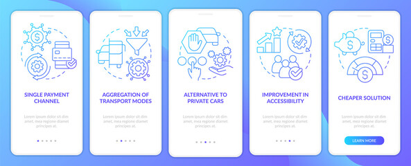 Mobility as service value blue gradient onboarding mobile app screen. Features walkthrough 5 steps graphic instructions with linear concepts. UI, UX, GUI template. Myriad Pro-Bold, Regular fonts used