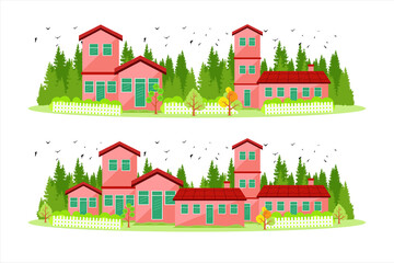 Simple house. Suburban residence. Illustration of housing on the background of pine trees and seagulls