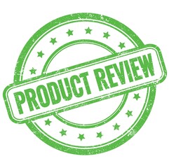 PRODUCT REVIEW text on green grungy round rubber stamp.