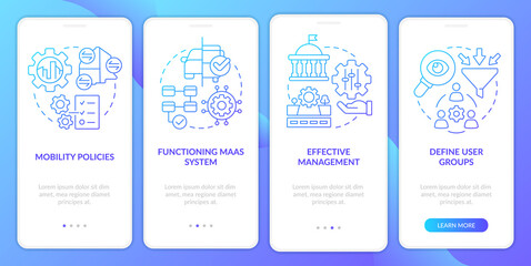 MaaS introduction components blue gradient onboarding mobile app screen. Data walkthrough 4 steps graphic instructions with linear concepts. UI, UX, GUI template. Myriad Pro-Bold, Regular fonts used