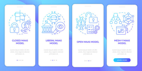 MaaS models blue gradient onboarding mobile app screen. Digital system walkthrough 4 steps graphic instructions with linear concepts. UI, UX, GUI template. Myriad Pro-Bold, Regular fonts used