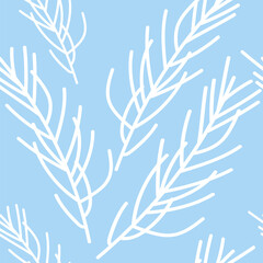 Vector. Merry Christmas, New Year seamless pattern. Design template for typographic products. Winter background for wrapping paper, greeting cards, textiles, branding. Simple hand drawn spruce branch.