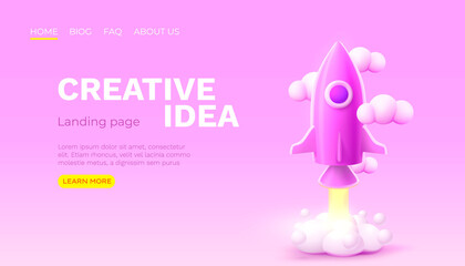 Creative idea rocket space, landing page banner. Vector