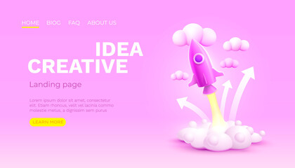 Creative idea rocket space, landing page banner. Vector