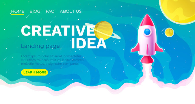 Creative idea rocket space, landing page banner. Vector