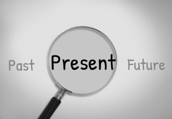 Focus current situation concept. Present wording inside of Magnifier glass on background.
