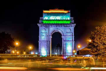 New Delhi, India - Feb 20 2019: India Gate at night. Bright lights at night. Indian monument.
