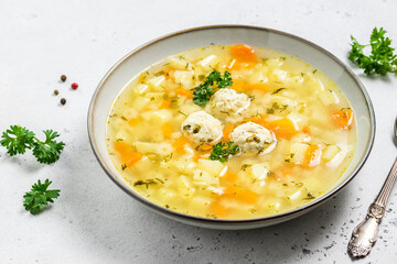 Healthy vegetable meatball soup. Top view, copy space.