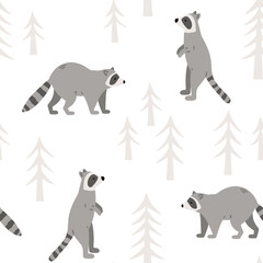 Seamless pattern with cute raccoons in the wood. Hand drawn childish background with wild animals in the forest. Endless baby texture for wallpaper, textile and prints. Vector woodland illustration