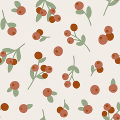 Hand drawn seamless pattern with forest berries. Cute botanical background for nursery, apparel and textile. Summer organic fruit texture. Trendy vector illustration with vegetarian healthy food