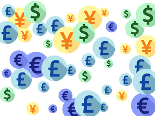 Euro dollar pound yen round icons flying currency vector illustration. Jackpot pattern. Currency