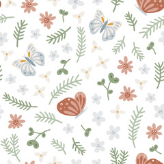 Vector seamless pattern with charming butterflies and flowers. Hand drawn childish background with forest elements. Endless kids texture for apparel, textile and wallpaper. Cute woodland illustration