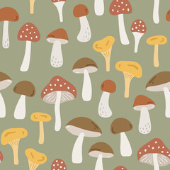 Vector seamless pattern with mushrooms in flat style. Hand drawn childish background with forest flora. Endless kids texture for apparel, textile and wallpaper. Cute botanical illustration
