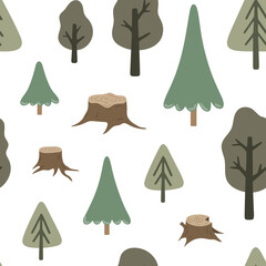 Forest seamless pattern. Hand drawn vector background with pine trees. Cute childish landscape texture for wallpaper, fabric and apparel. Scandinavian illustration with woods
