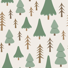 Forest seamless pattern. Hand drawn vector background with pine trees. Cute childish landscape texture for wallpaper, fabric and apparel. Scandinavian illustration with woods