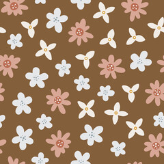Vector seamless pattern with charming flowers in flat style. Hand drawn floral background. Endless childish texture for apparel, textile and wallpaper. Cute botanical illustration. Summer backdrop