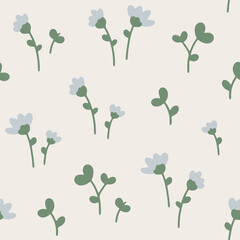 Vector seamless pattern with charming flowers in flat style. Hand drawn floral background. Endless childish texture for apparel, textile and wallpaper. Cute botanical illustration. Summer backdrop