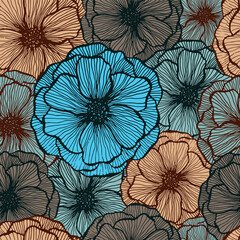 Naklejka premium Poppy flower doodle floral vector seamless pattern summer fabric print design. Line texture petals