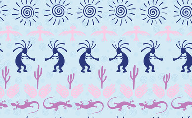 Kokopelli with flute, pangolin, hawk, sun symbol, hands and plant tribal vector seamless pattern.