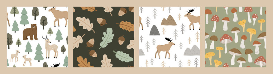 Set of hand drawn seamless patterns with forest animals and plants. Cute Scandinavian endless background with bear, deer and moose. Childish texture for apparel, wallpaper and prints © simpleblues