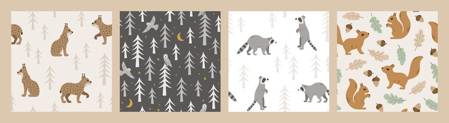 Set of hand drawn seamless patterns with forest animals and plants. Cute Scandinavian endless background with lynx, owl, raccoon and squirrel. Childish texture for apparel, wallpaper and prints - obrazy, fototapety, plakaty