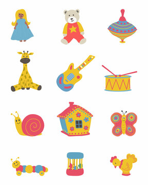 Toys isolated on a white background. There is a doll, a teddy bear, a house, a spindle top, a giraf, a guitar, a drum and other things in the picture. Toys for little children.Vector illustration