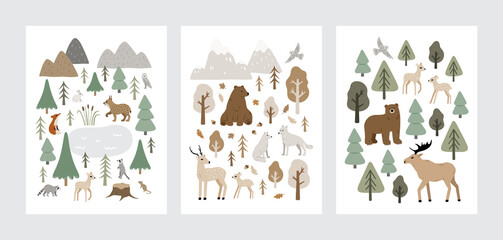 Set of hand drawn vector posters with forest animals and plants. Cute Scandinavian illustration with wild animals in the wood. Childish poster for nursery design and prints. Charming woodland animals