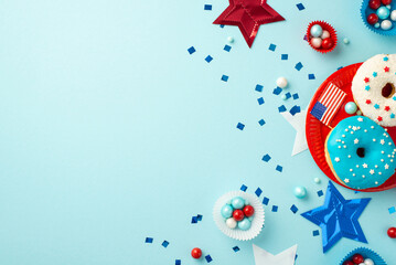 Fourth of July concept. Top view photo of party accessories national flag stars confetti paper...