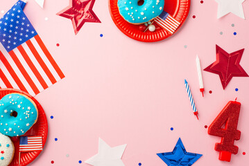 Fototapeta premium Fourth of July concept. Top view photo of US national flag stars number 4 candle plates with glazed donuts candles and confetti on isolated pastel pink background with copyspace in the middle