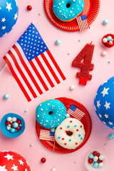 Obraz premium Fourth of July concept. Top view vertical photo of number 4 candle US national flag paper backing molds with candies plates with glazed donuts and balloons on isolated pastel pink background